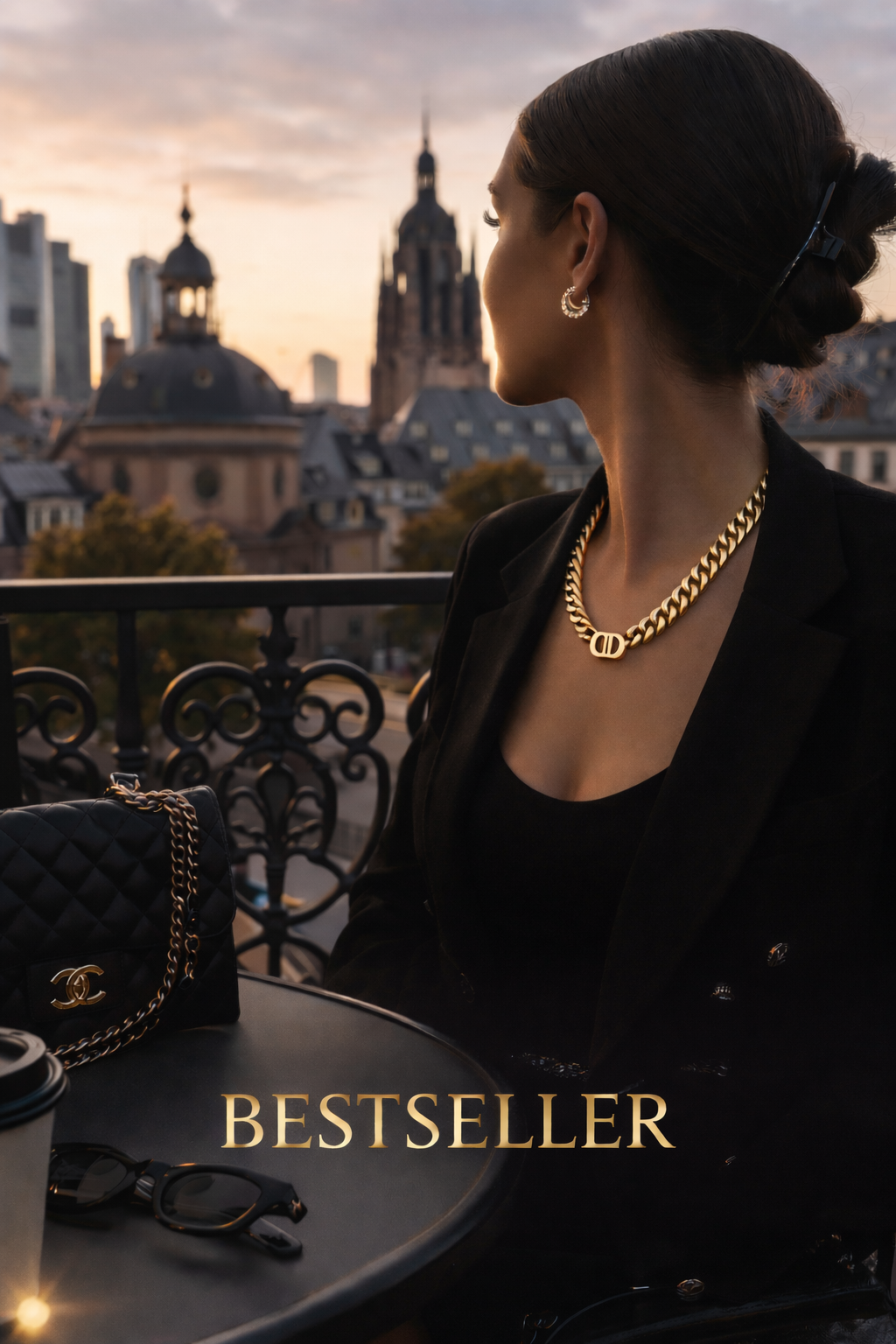 Luxuriöse Julietta Gold Halskette aus der Bestseller Schmuck Kollektion im eleganten Lifestyle Setting