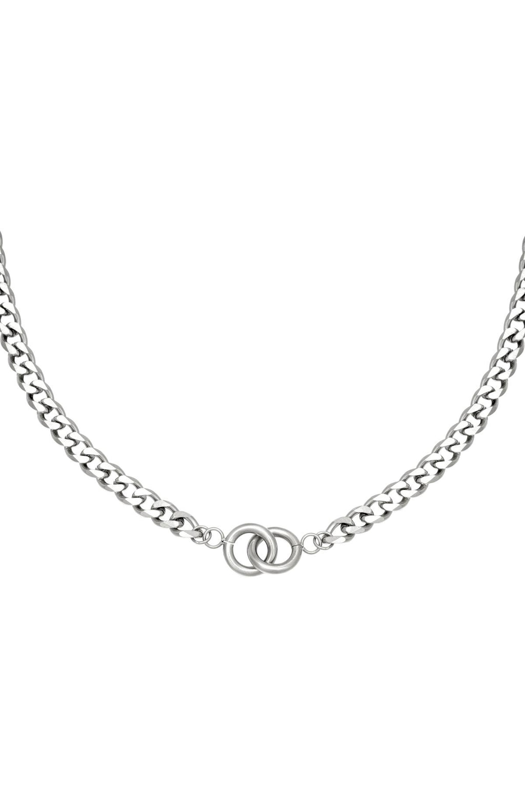 Diese silberne Gliederkette aus Edelstahl mit den verschlungenen Ringen ist nicht nur ein Schmuckstück, sondern erzählt eine Geschichte. Die beiden miteinander verschlungenen Ringe können als Symbol für Einheit, Liebe und Zusammengehörigkeit interpretiert werden.
