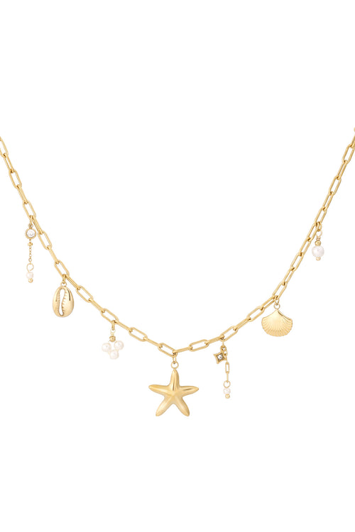 Beachy Charm Halskette Gold mit Seestern und Muschel Anhängern, wasserfester Edelstahl 14k vergoldet, maritimer Schmuck Hejschmuck.