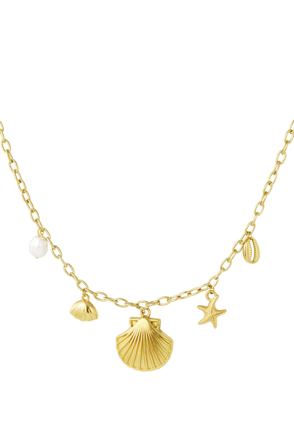 Goldene Summer Breeze Halskette mit großer Muschel und Seestern Anhänger, wasserfester Edelstahl Schmuck Hejschmuck.