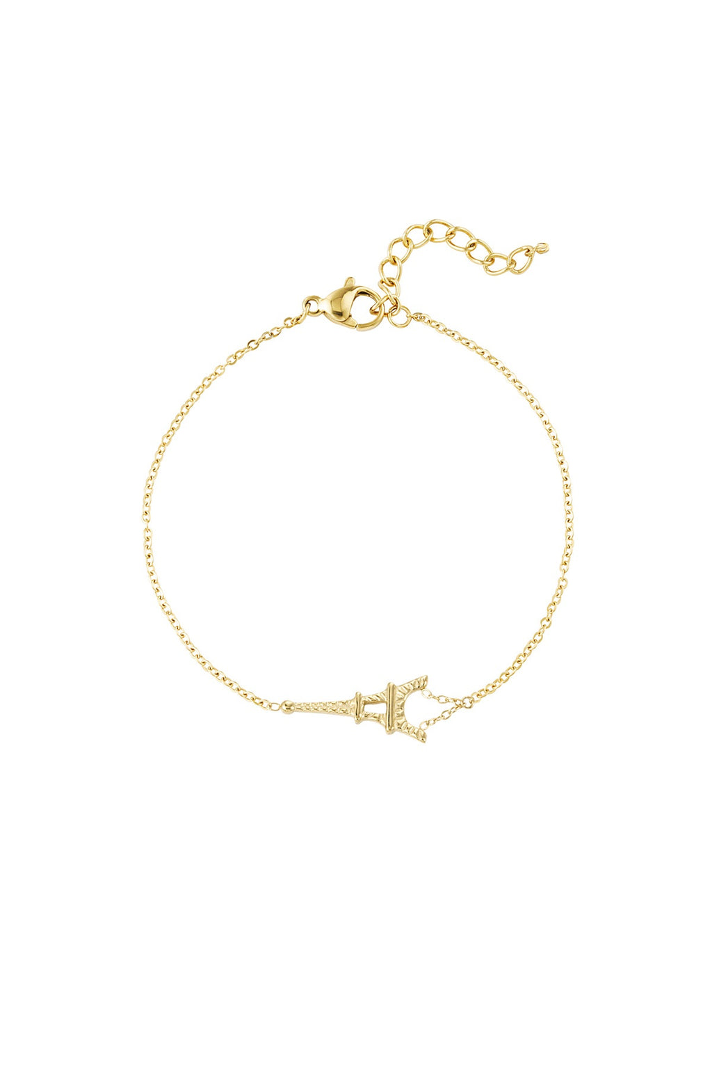 Filigranes goldenes Armband aus Edelstahl mit Eiffelturm-Anhänger und Karabinerverschluss vor weißem Hintergrund.