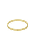 Mely Armreif aus 14K vergoldetem Edelstahl mit Zirkonia-besetzten Kleeblatt-Motiven auf weißem Hintergrund.