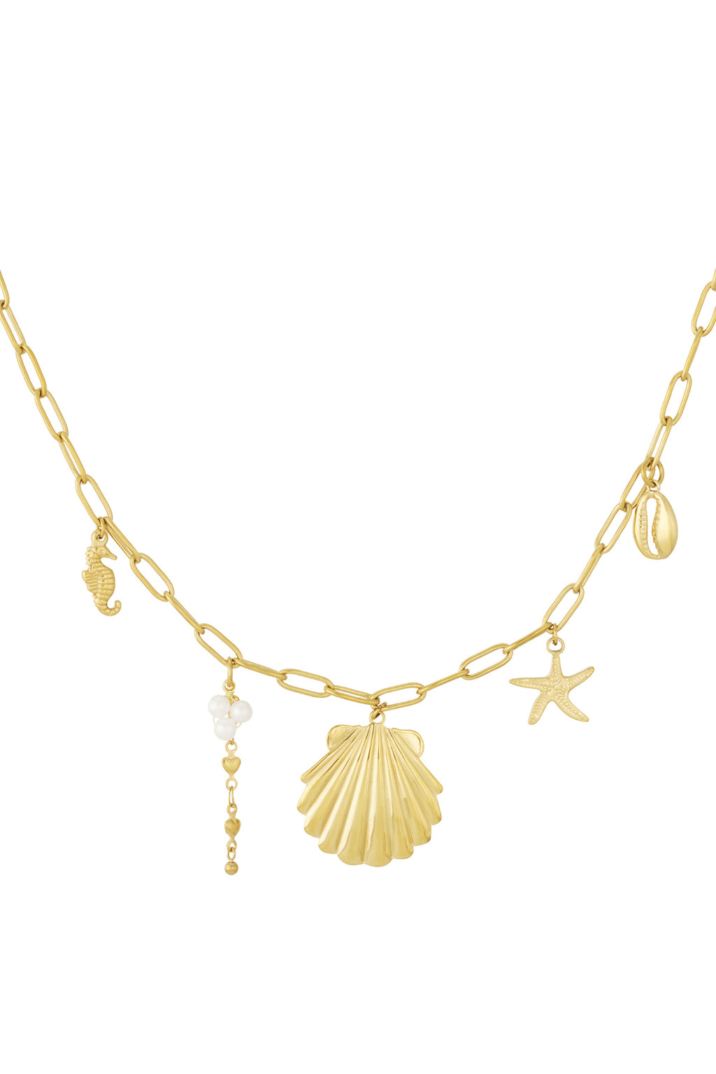 Goldene By The Sea Halskette mit Seepferdchen und Muschel Anhänger, wasserfester Schmuck aus Edelstahl von Hejschmuck.