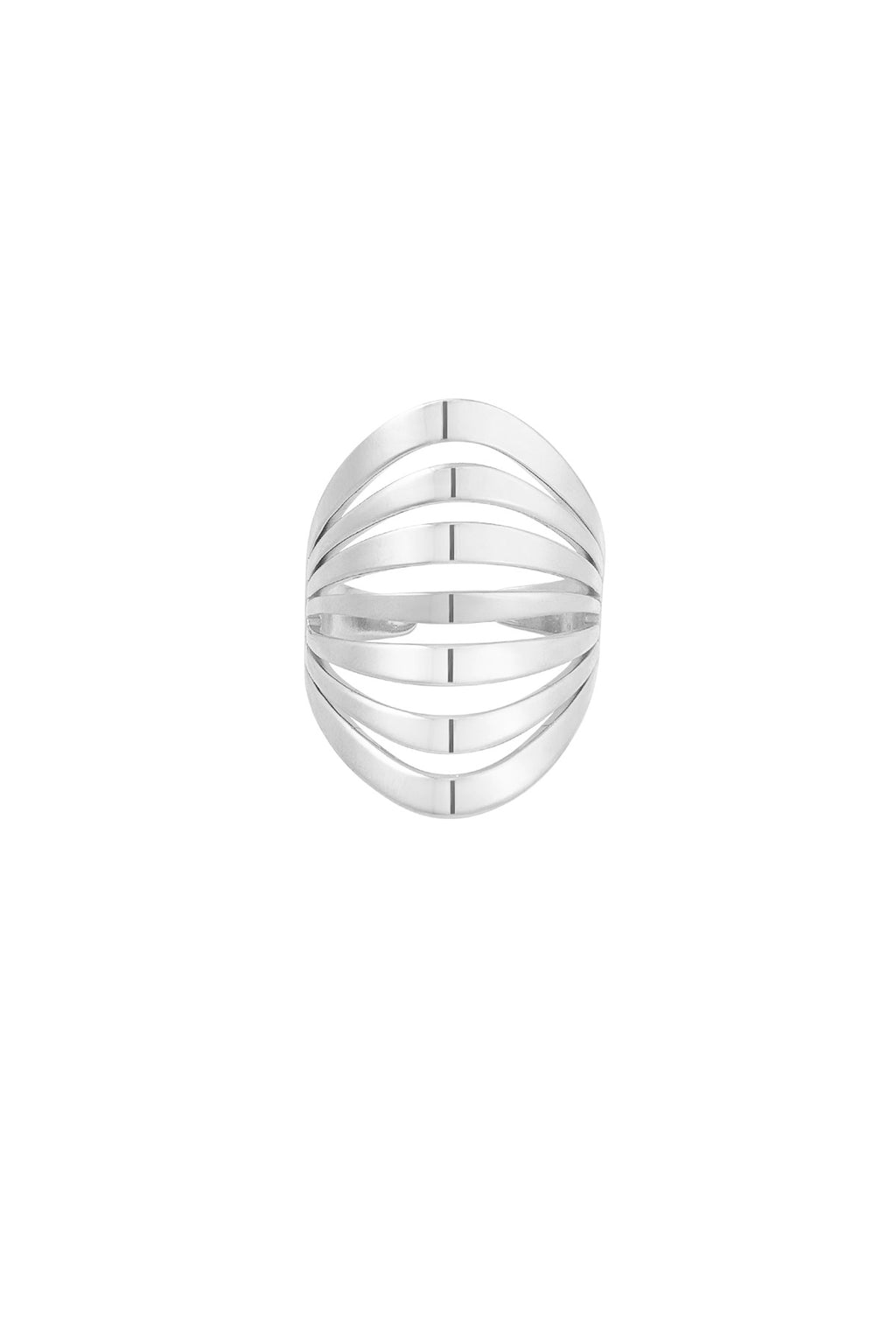 Silberner Nyla Ring aus poliertem Edelstahl mit floralem Ornament und strukturierter, verstellbarer Schiene.