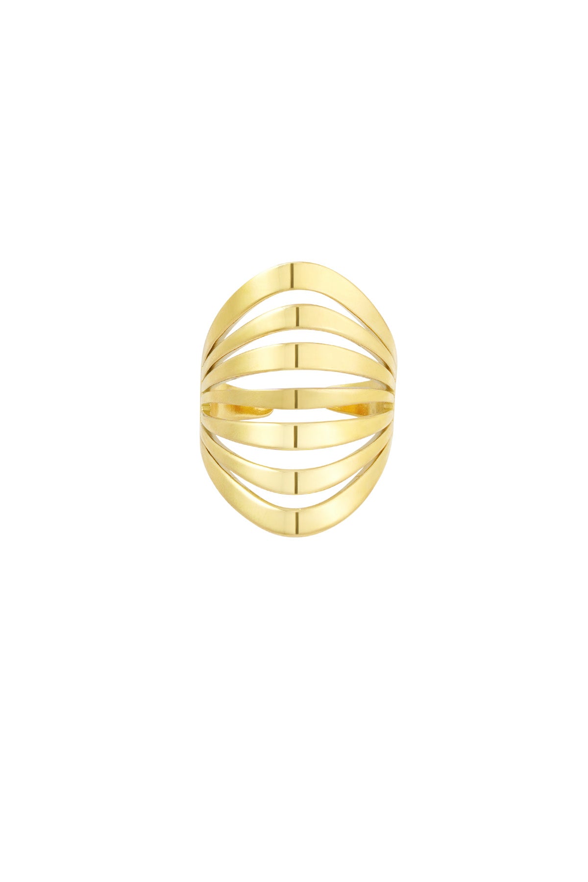 Goldener Nyla Ring aus 14k vergoldetem Edelstahl mit floralem Ornament und strukturierter, verstellbarer Schiene.