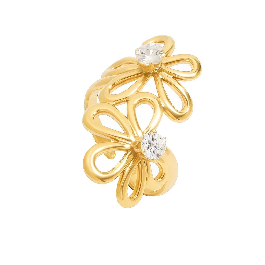 Goldener Flora Ring mit zwei Blüten und Zirkonia-Steinen, verstellbare Größe, Edelstahl 18k vergoldet.