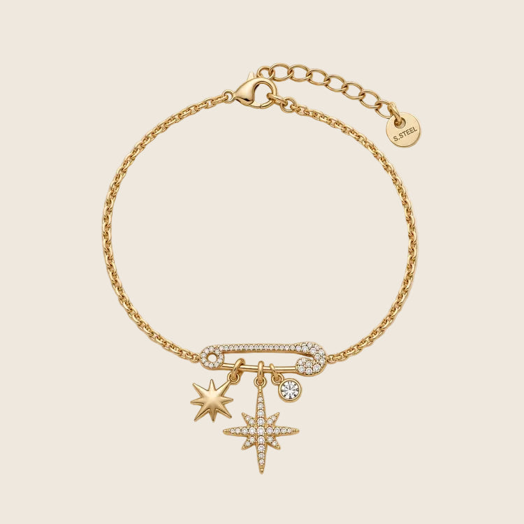 Celestial Armband aus 14k vergoldetem Edelstahl mit Zirkonia-Sicherheitsnadel und Stern-Anhängern.