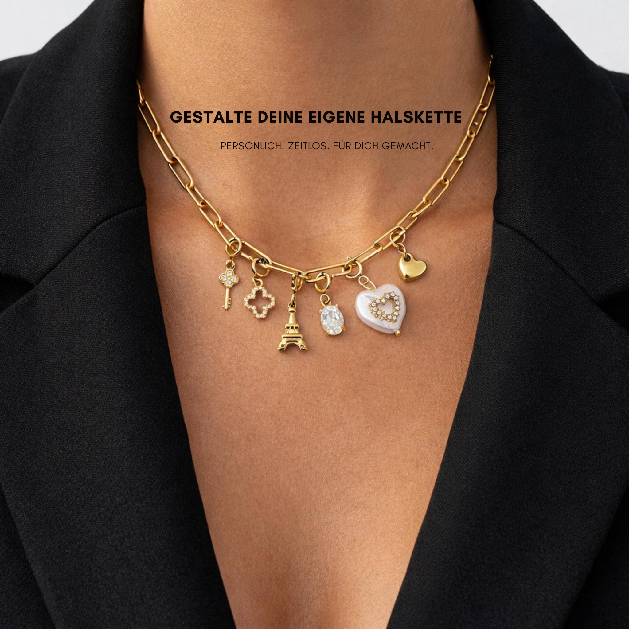 Personalisierbare Goldkette mit Charm-Anhängern – Herz, Schlüssel, Kleeblatt und Eiffelturm aus Edelstahl in Gold