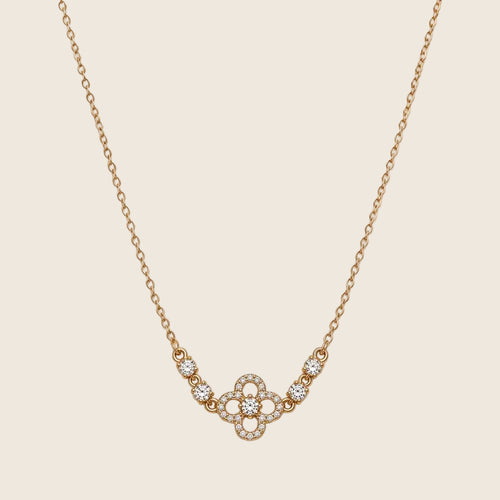 Filigrane Clara Halskette aus 14k vergoldetem Edelstahl mit Kleeblatt-Motiv und Zirkonia-Besatz.