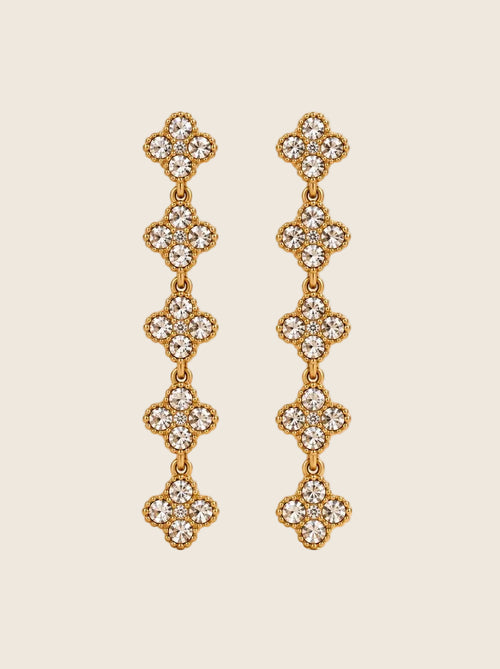 Lange Crystal Bloom Ohrringe in Gold mit kaskadierenden Zirkonia-Kleeblättern.