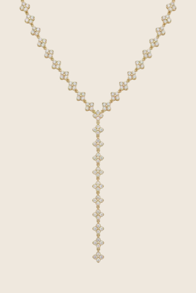 Crystal Blossom Y-Halskette aus 14k vergoldetem Edelstahl mit Zirkonia-Blüten und 11 cm Anhänger.