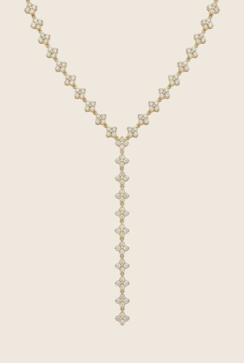 Crystal Blossom Y-Halskette aus 14k vergoldetem Edelstahl mit Zirkonia-Blüten und 11 cm Anhänger.