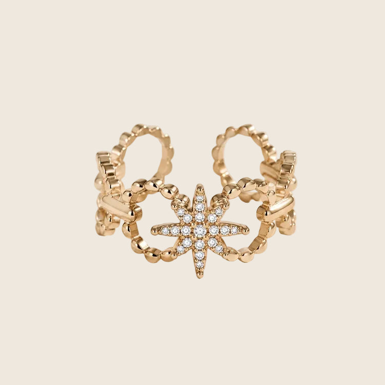 Verstellbarer Crystal Nova Ring aus 14k vergoldetem Edelstahl mit Pavé-Zirkonia Stern und filigranem Muster.