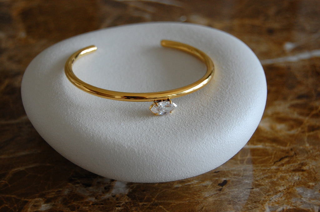 Damen Cuff Armreif mit Zirkonia Stein aus Edelstahl und vergoldet