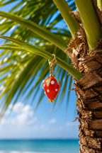 Süßer Erdbeer-Charm aus Resin und Glas an einer Palme hängend – Strand-Aesthetic von hejschmuck