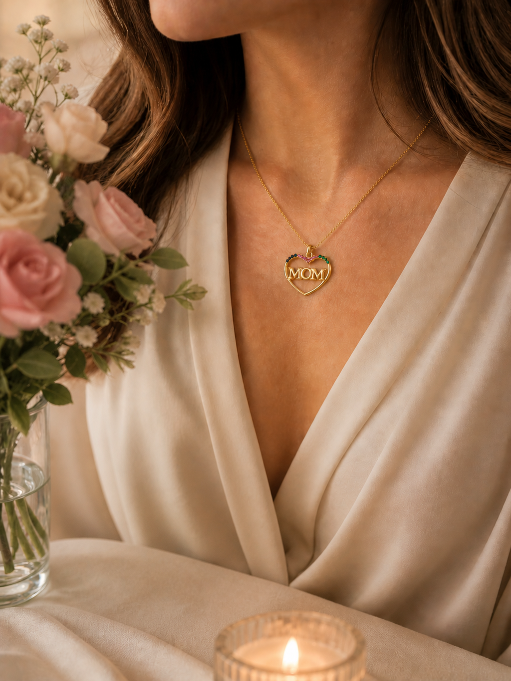 Moderne Frau trägt die goldene MOM Herz-Halskette von Hejschmuck als emotionales Statement-Piece zum eleganten weißen Outfit.