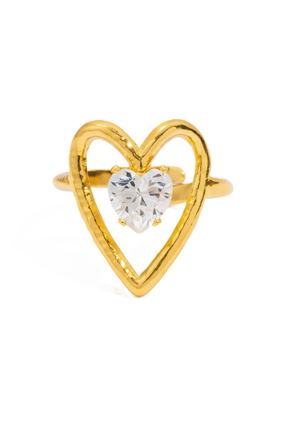 18K vergoldeter Goldring aus Edelstahl mit herzförmigem Design und funkelndem Stein