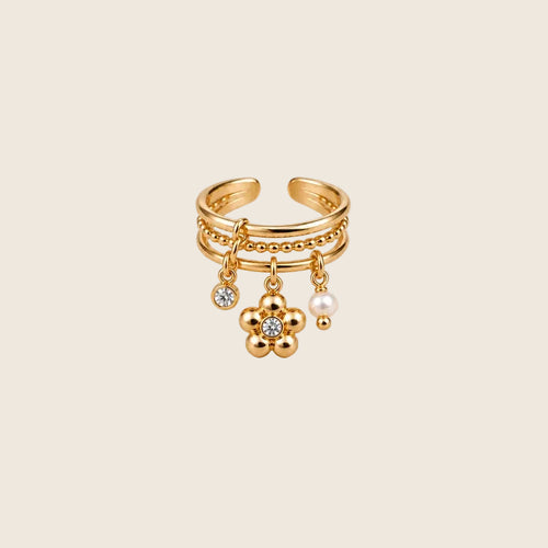 Jolie Ring in Gold, dreireihig, mit Zirkonia-Blüte, Stein und Perle als Anhänger