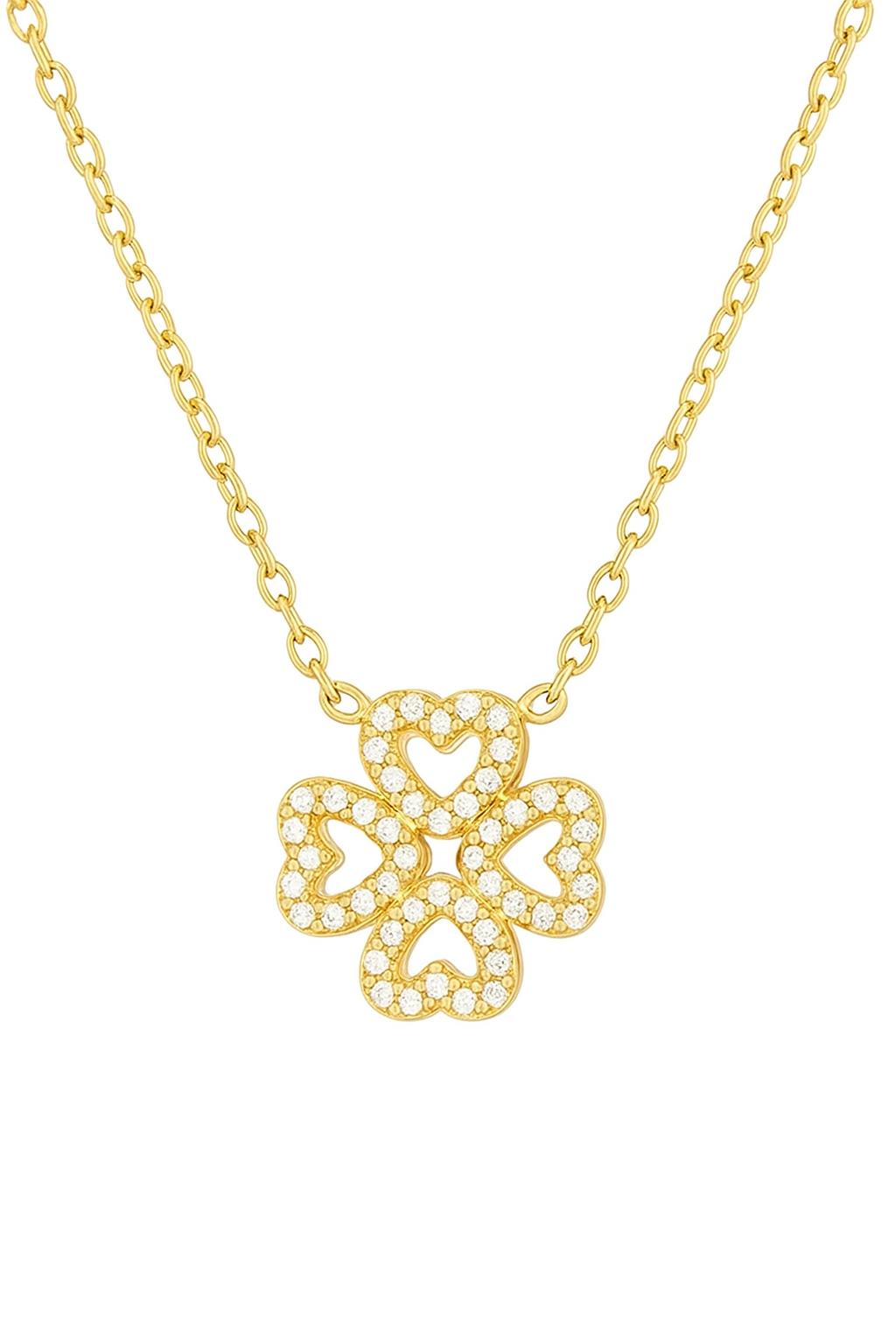 Elegante KARLA Halskette aus vergoldetem Edelstahl mit feinem Kleeblattanhänger und funkelnden Zirkonia-Steinen – Symbol für Glück und Stil.