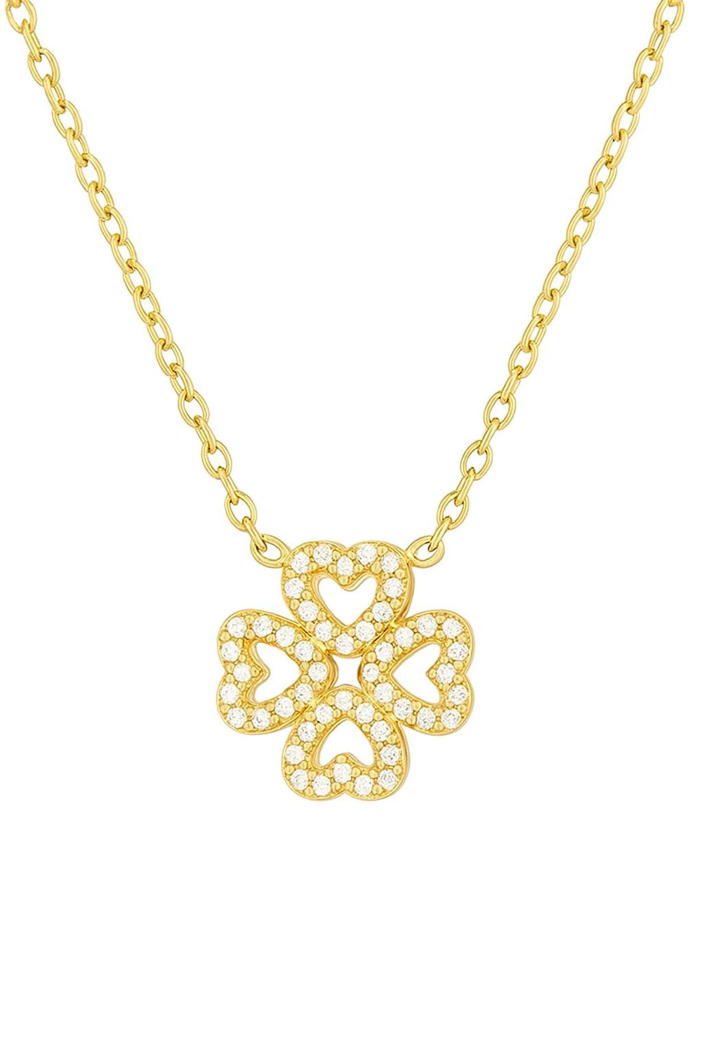Elegante KARLA Halskette aus vergoldetem Edelstahl mit feinem Kleeblattanhänger und funkelnden Zirkonia-Steinen – Symbol für Glück und Stil.