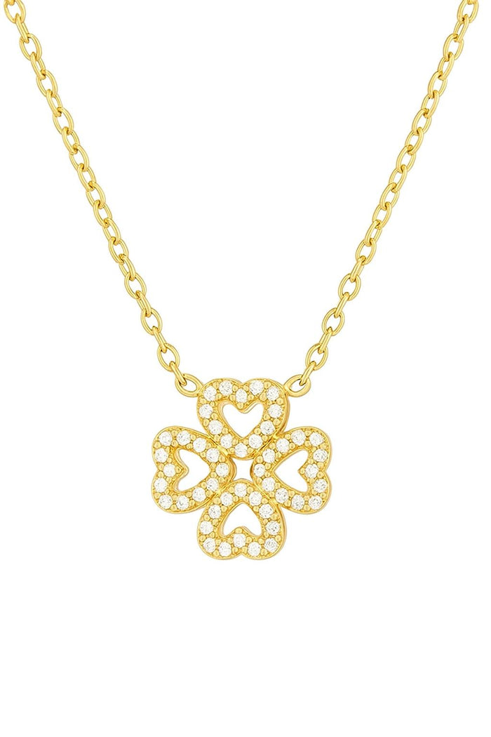 Elegante KARLA Halskette aus vergoldetem Edelstahl mit feinem Kleeblattanhänger und funkelnden Zirkonia-Steinen – Symbol für Glück und Stil.