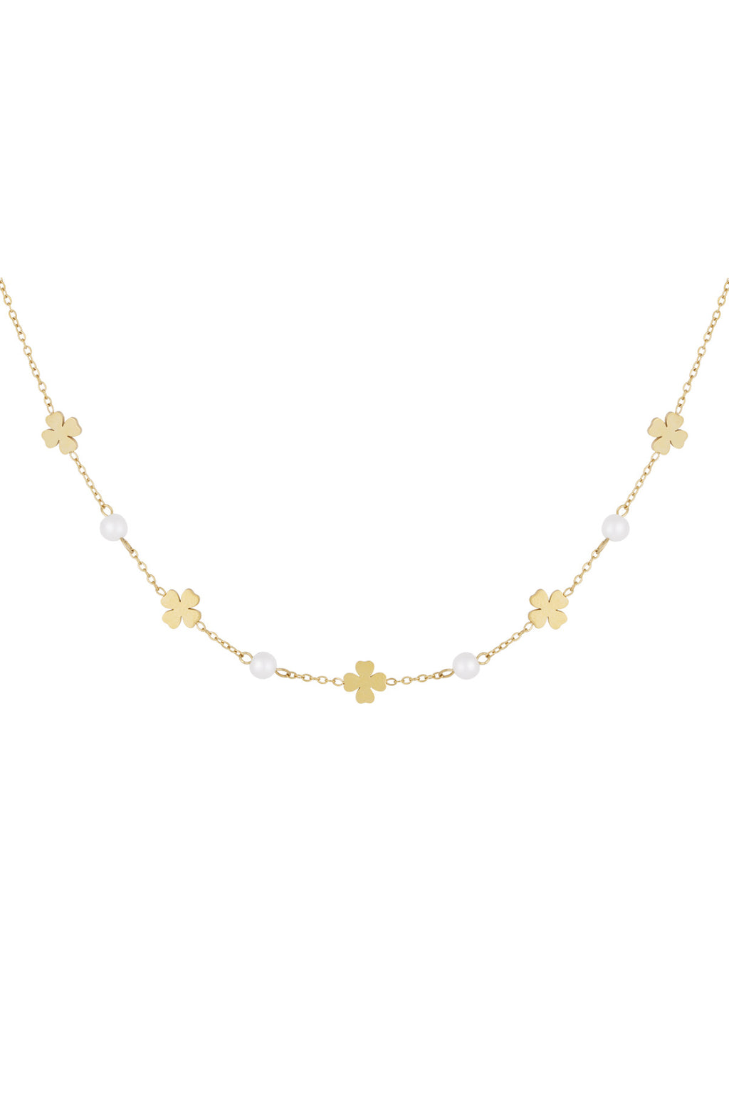 Kleeblatt Halskette zierlich aus Edelstahl mit feinen Perlen – Damen Schmuck, Glücksbringer, elegant, filigran und modisch.