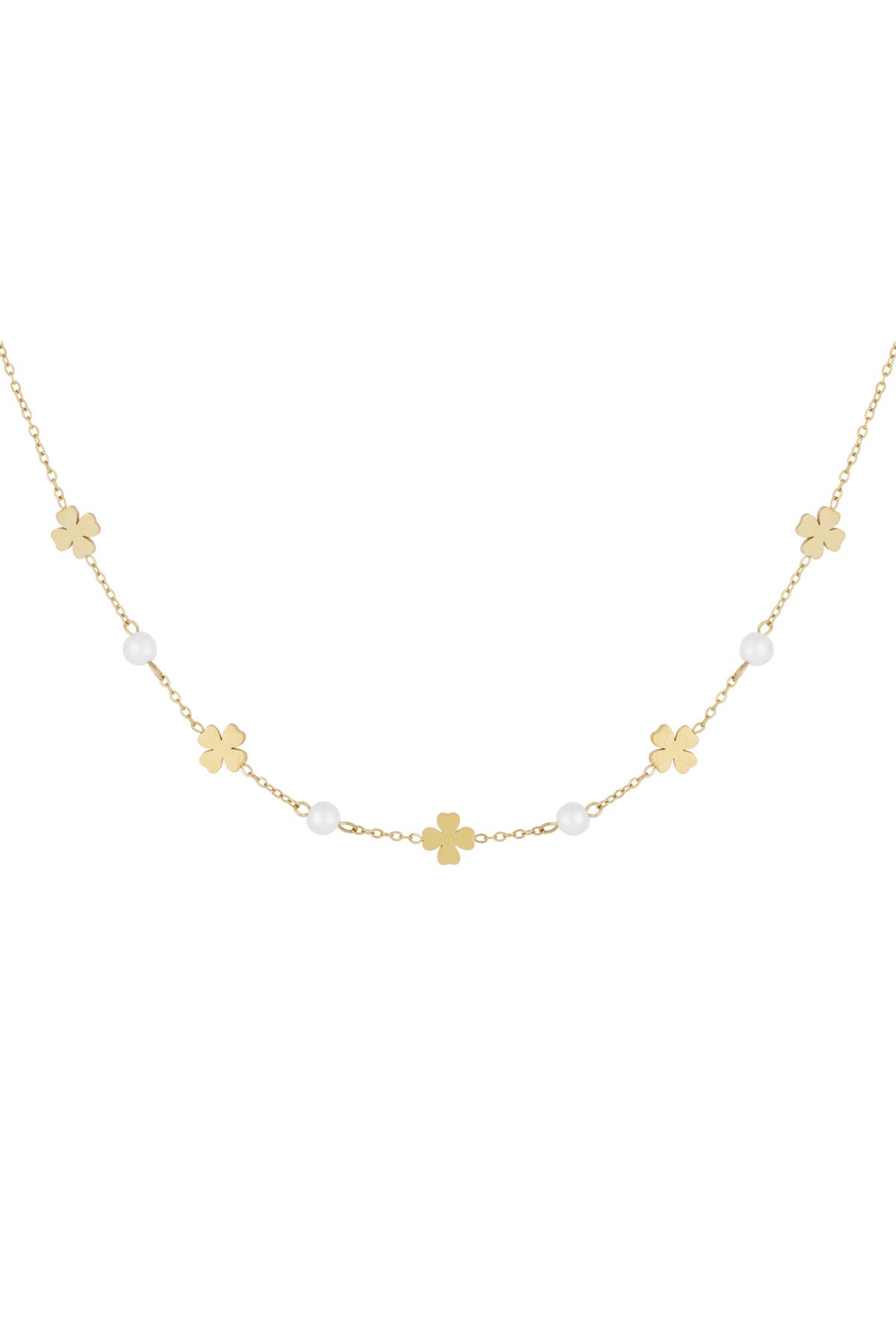 Kleeblatt Halskette zierlich aus Edelstahl mit feinen Perlen – Damen Schmuck, Glücksbringer, elegant, filigran und modisch.