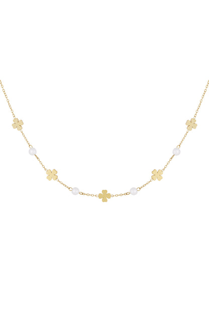 Kleeblatt Halskette zierlich aus Edelstahl mit feinen Perlen – Damen Schmuck, Glücksbringer, elegant, filigran und modisch.