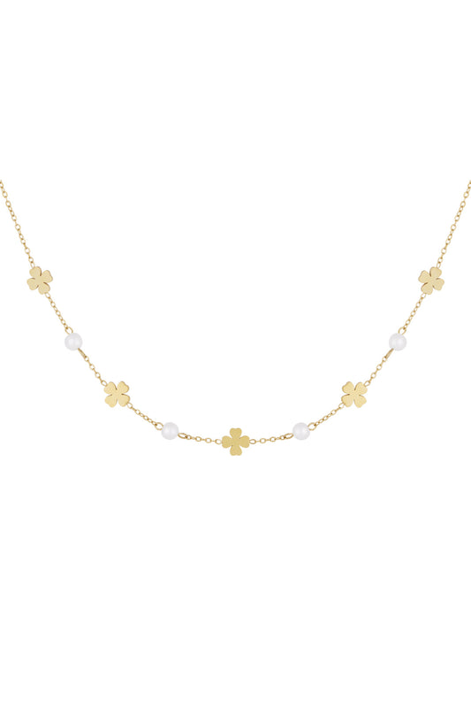 Kleeblatt Halskette zierlich aus Edelstahl mit feinen Perlen – Damen Schmuck, Glücksbringer, elegant, filigran und modisch.