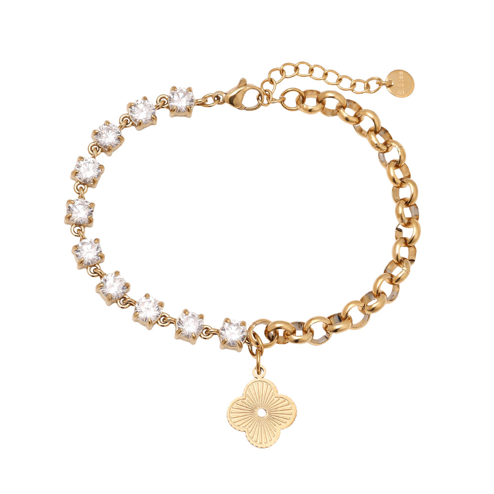 Liora Armband aus 14k vergoldetem Edelstahl mit Kleeblatt-Anhänger und Zirkonia Steinen