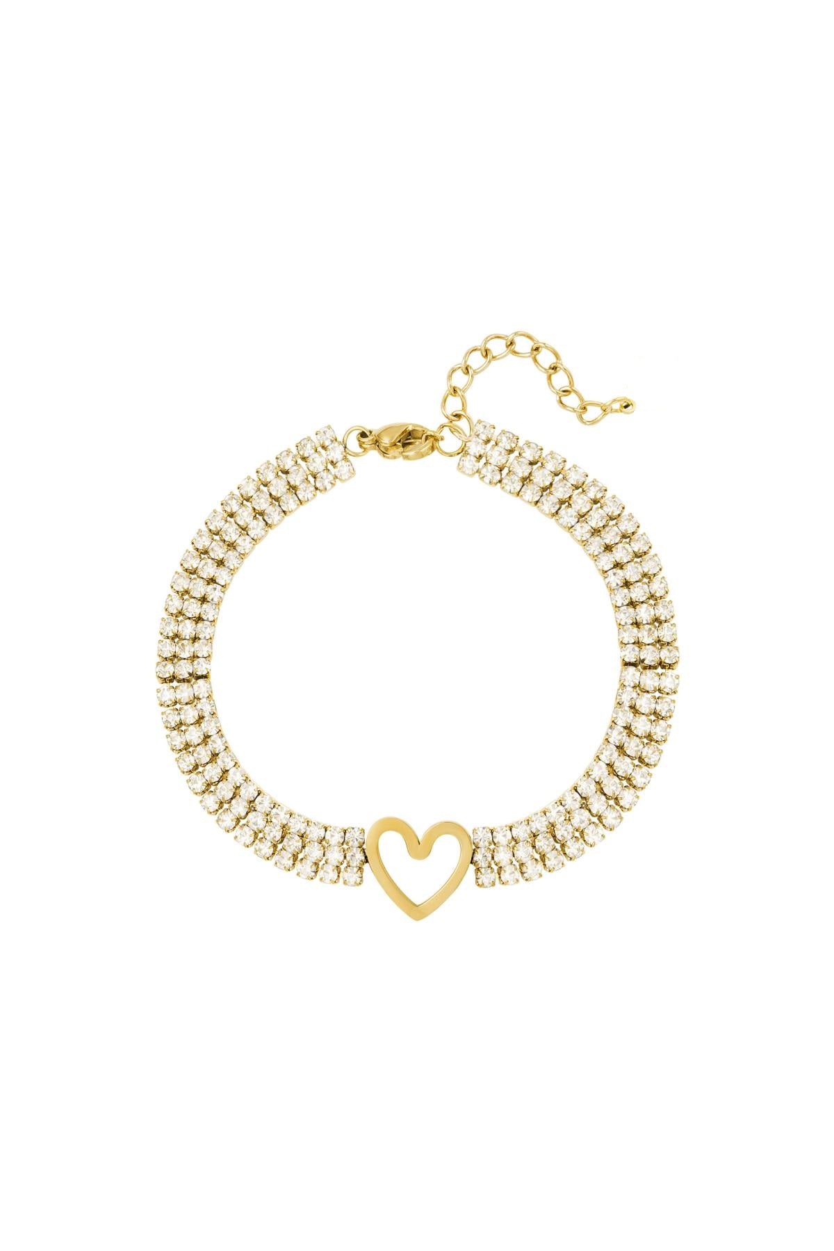 Glamouröses Lolita Armband aus 14k vergoldetem Edelstahl mit drei Reihen Zirkonia-Steinen und einem zentralen Herz-Anhänger.