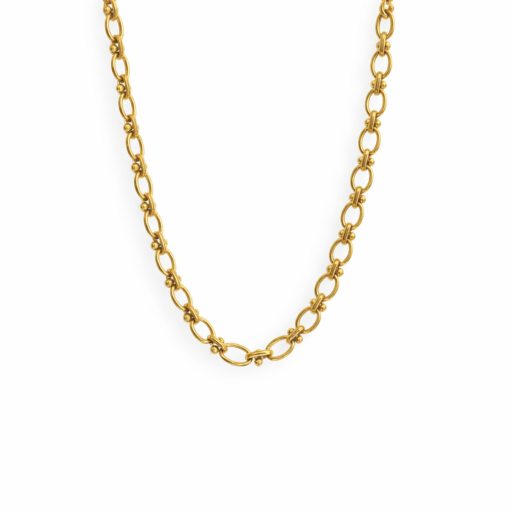 Goldene Maggie Chain Gliederkette aus Edelstahl, 18k vergoldet, mit ovalen Kettengliedern und feinen Kugel-Details.