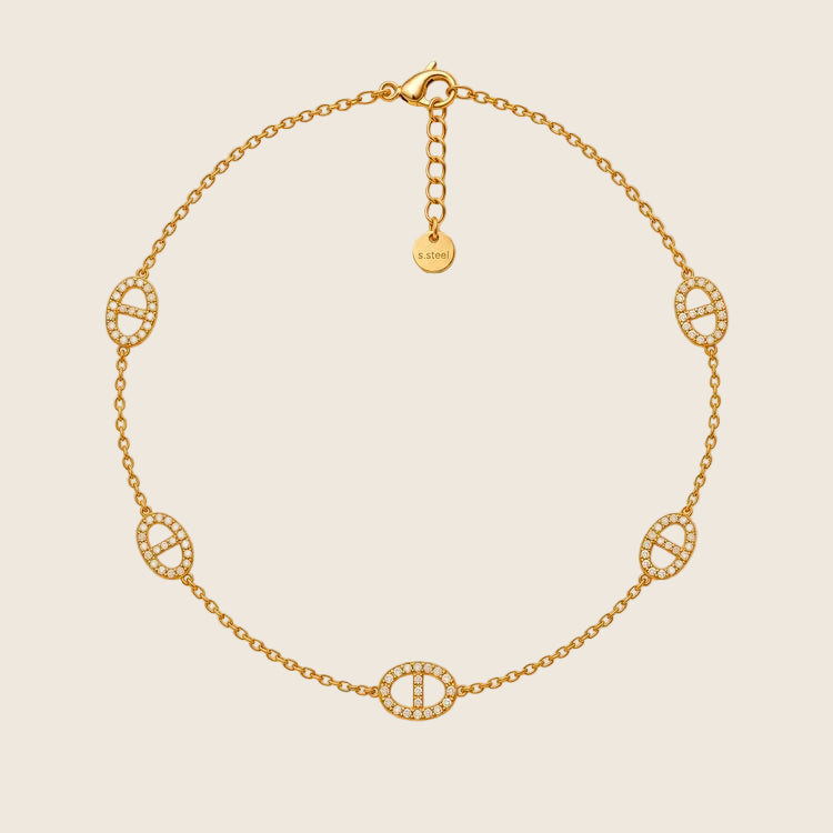 Marine Pavé Halskette in Gold mit fünf ovalen Zirkonia-Gliedern und Verlängerungskette
