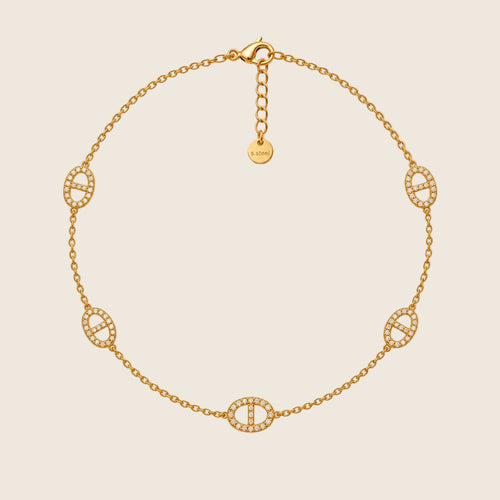Marine Pavé Halskette in Gold mit fünf ovalen Zirkonia-Gliedern und Verlängerungskette