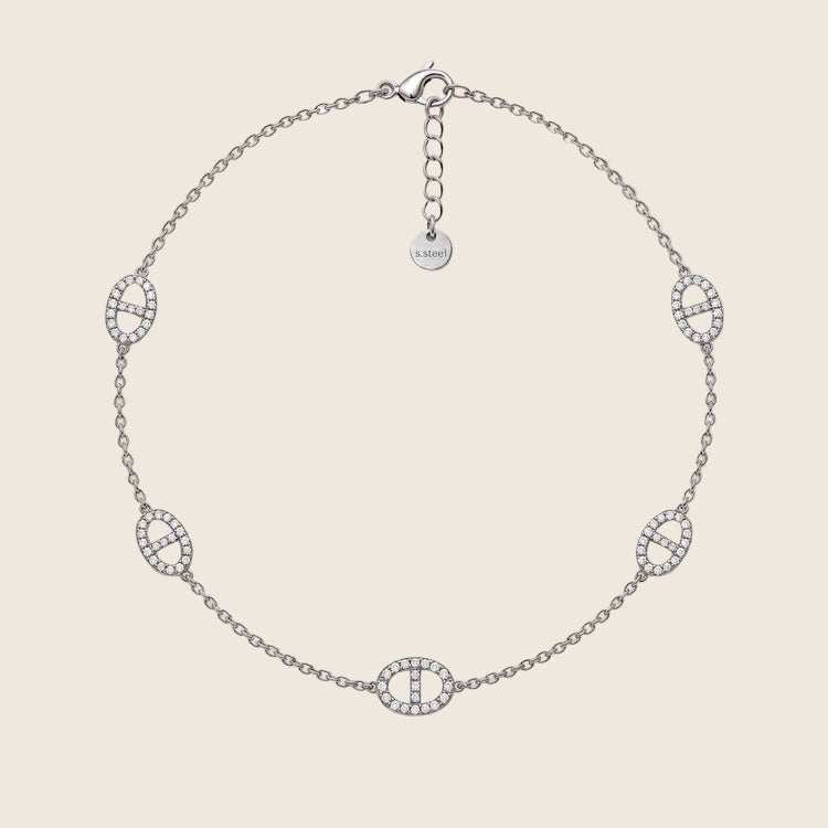 Marine Pavé Halskette in Silber mit fünf ovalen Zirkonia-Gliedern und Verlängerungskette