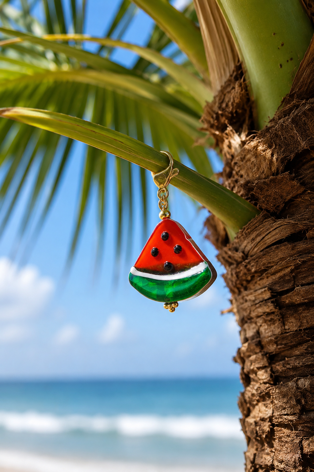 Wasserfester Wassermelonen Anhänger aus Resin und Glas an einer Palme im Urlaub.