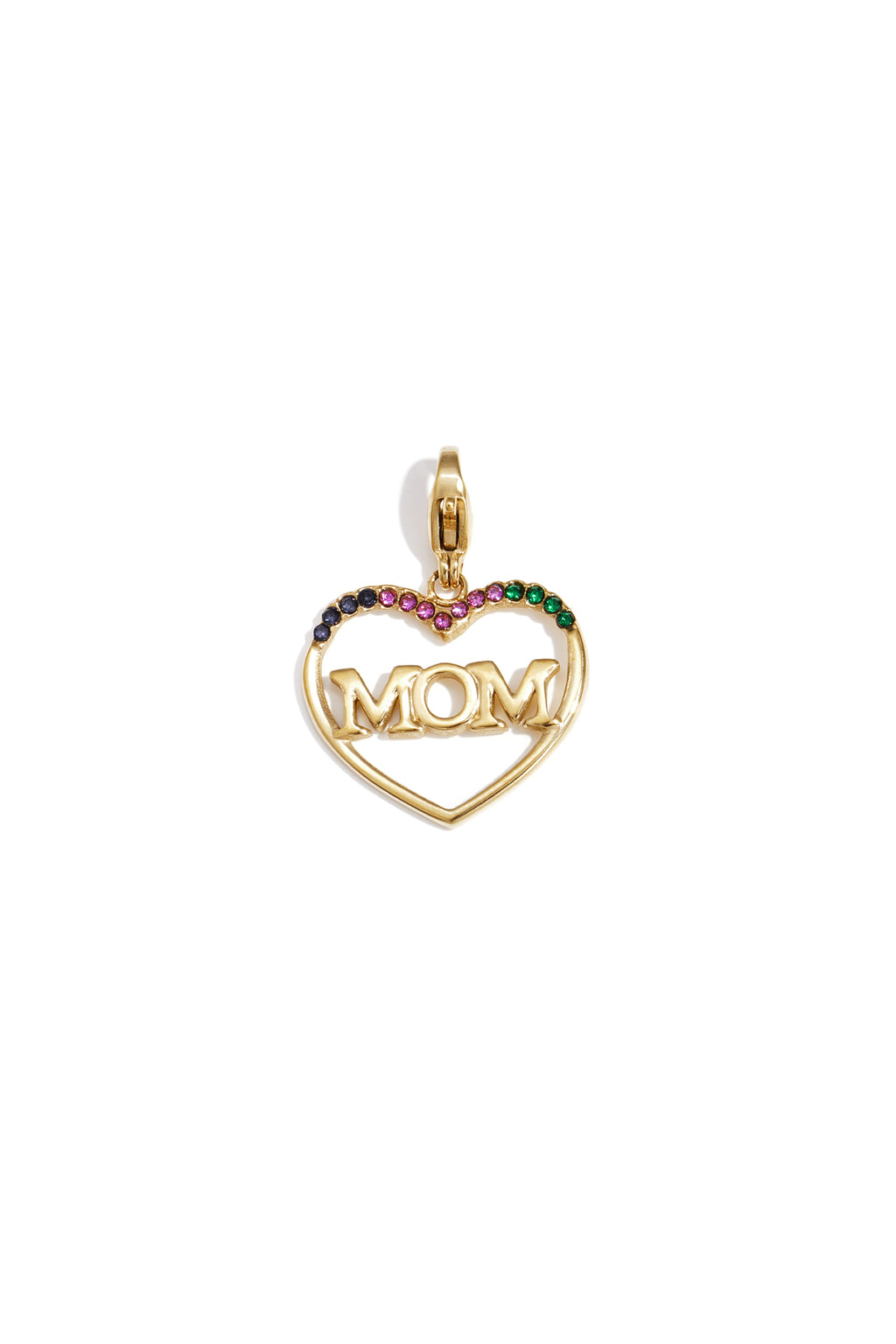 Hejschmuck MOM Herz-Charm aus 14k vergoldetem Edelstahl mit bunten Schmucksteinen und Karabinerverschluss für Halsketten und Armbänder.