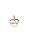 Hejschmuck MOM Herz-Charm aus 14k vergoldetem Edelstahl mit bunten Schmucksteinen und Karabinerverschluss für Halsketten und Armbänder.