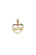Hejschmuck MOM Herz-Charm aus 14k vergoldetem Edelstahl mit bunten Schmucksteinen und Karabinerverschluss für Halsketten und Armbänder.