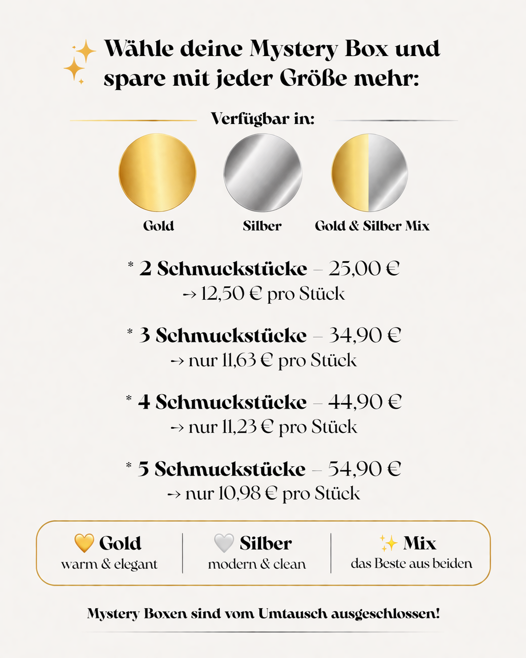 Preise und Optionen für Mystery Schmuckboxen in Gold, Silber und Bicolor Mix von HEJSCHMUCK