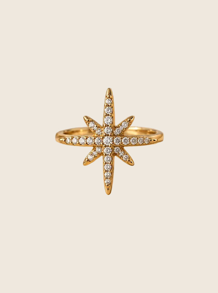 Nahaufnahme des Northern Star Pavé Rings in Gold mit funkelnden Zirkonia-Kristallen auf Naturstein.