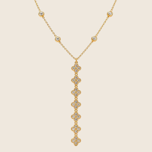 Nymea Y-Halskette in Gold mit sieben Kleeblättern und Zirkonia-Steinen, Edelstahl 14k vergoldet