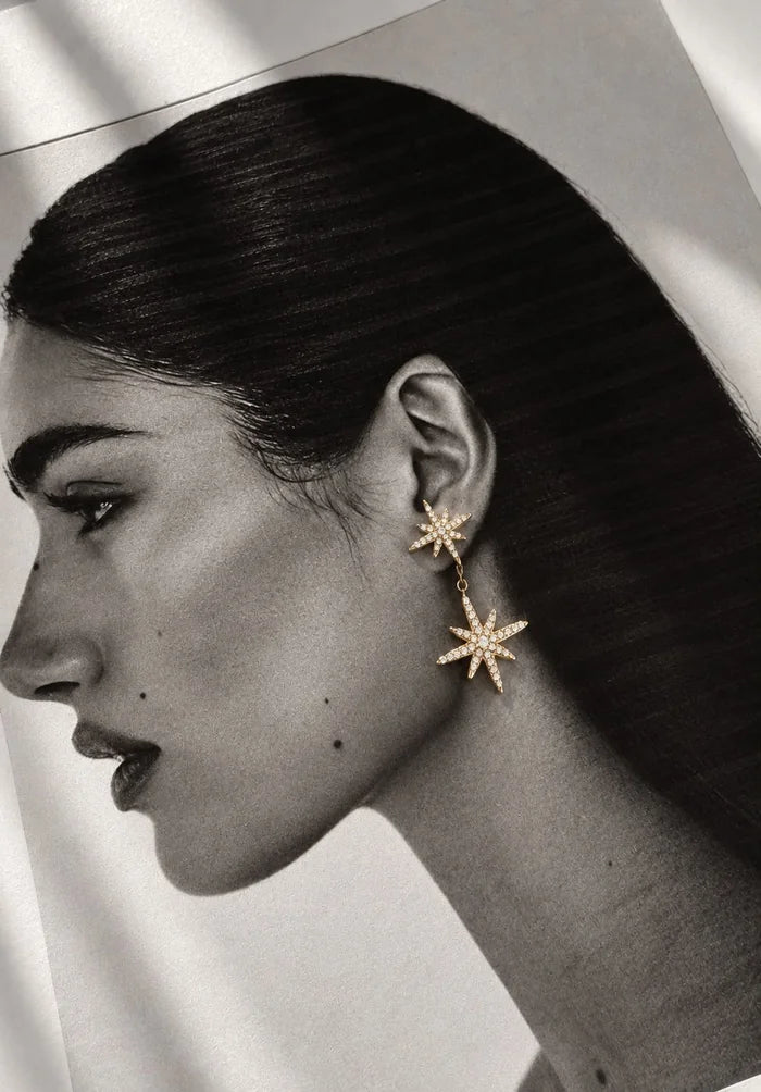 Tragefoto der Polar Star Ohrringe in Gold mit doppelter Sternenform am Ohrläppchen.
