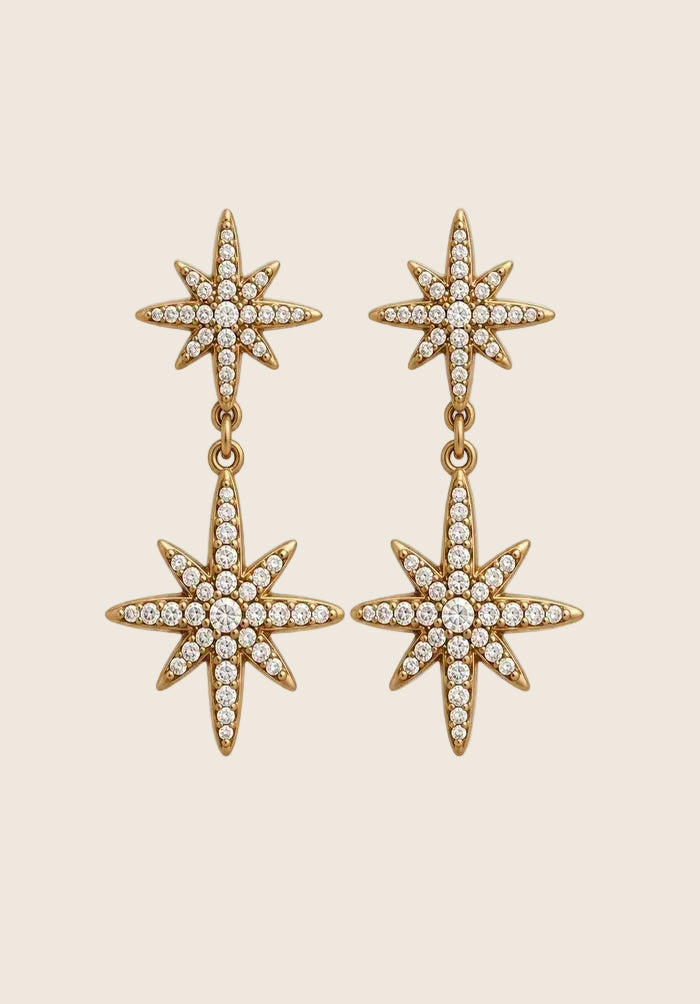 Polar Star Ohrringe von hejschmuck aus vergoldetem Edelstahl mit zwei funkelnden Nordstern-Elementen und Pavé-Zirkonia.