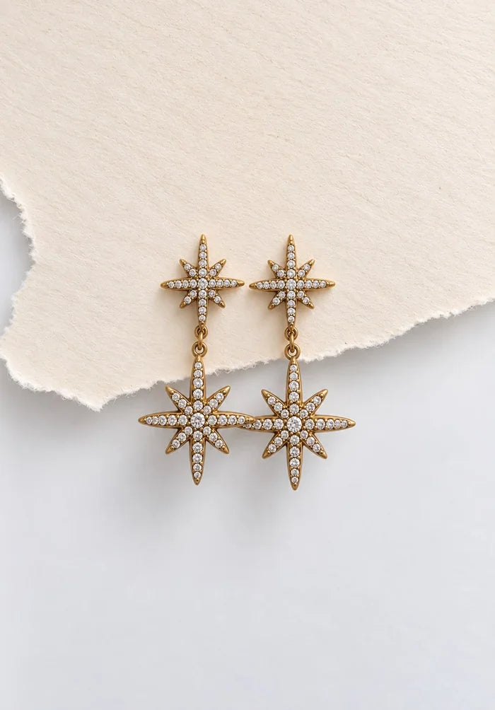 Goldene Polar Star Sternen-Ohrringe mit Strahlenschliff-Optik und Pavé-Kristallen auf hellem Hintergrund.