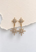Goldene Polar Star Sternen-Ohrringe mit Strahlenschliff-Optik und Pavé-Kristallen auf hellem Hintergrund.
