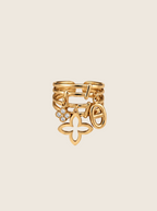 Romina Ring in 14k Gold mit drei Anhängern: Kleeblatt-Blüte, ovaler Anker-Charm und Zirkonia-Element.