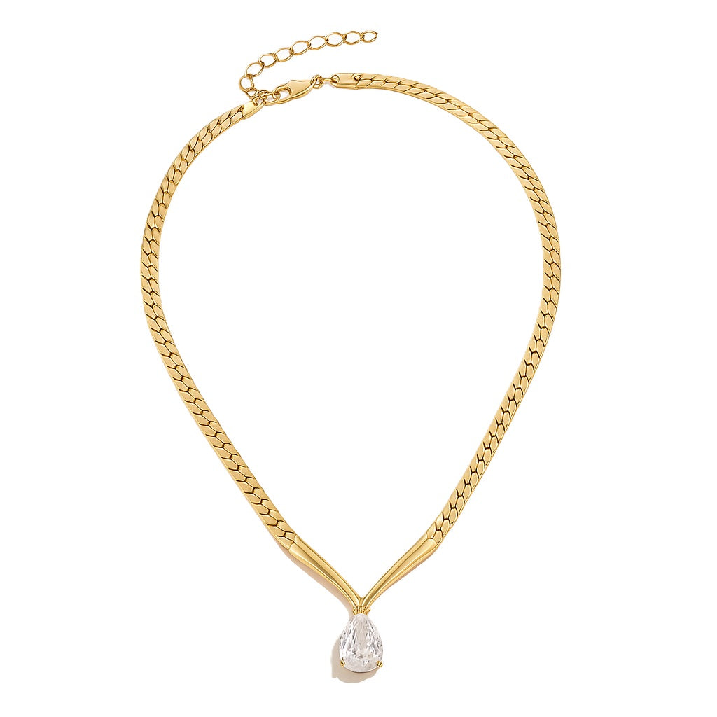 Elegante Schlangen-Halskette mit Tropfen-Zirkoniastein, 18K vergoldet, Edelstahl