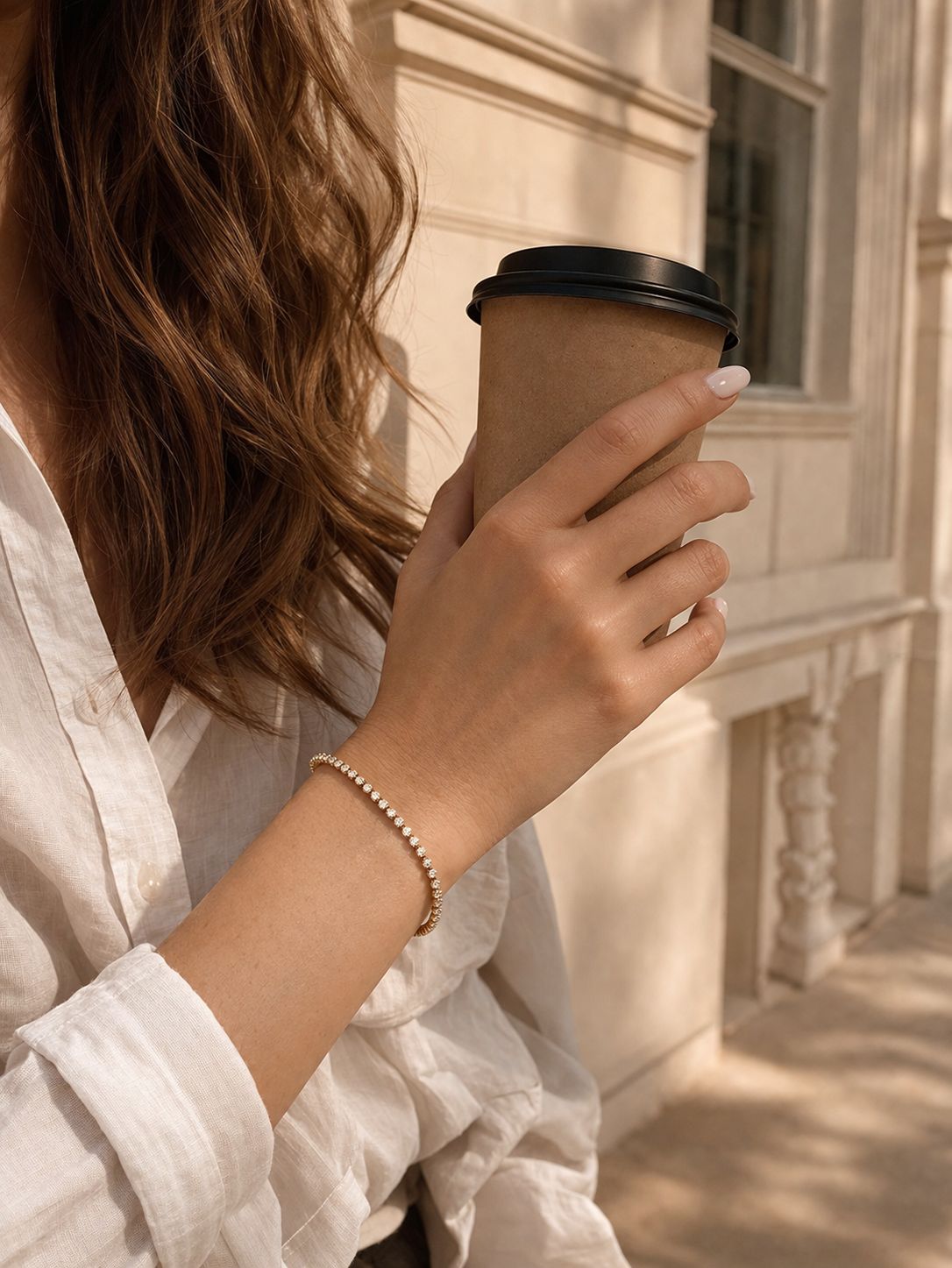 Damenhand mit goldenem Shine Armband hält einen Kaffeebecher – elegantes Lifestyle-Schmuckfoto.
