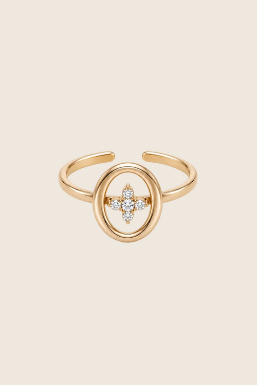 Talia Ring in Gold mit ovalem Rahmen und Zirkonia-Blüte aus fünf Steinen